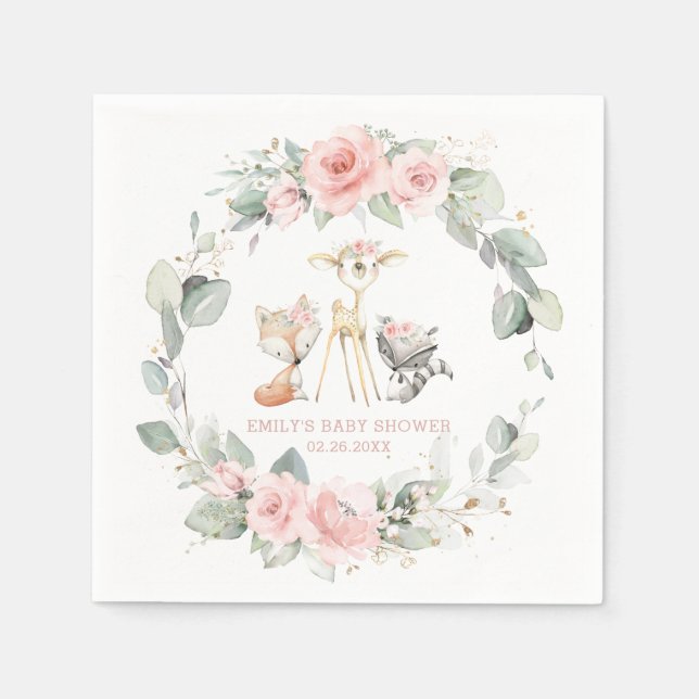 Whimsical Woodland Animals Baby Shower Rosa Blommi Pappersservett (Framsidan)