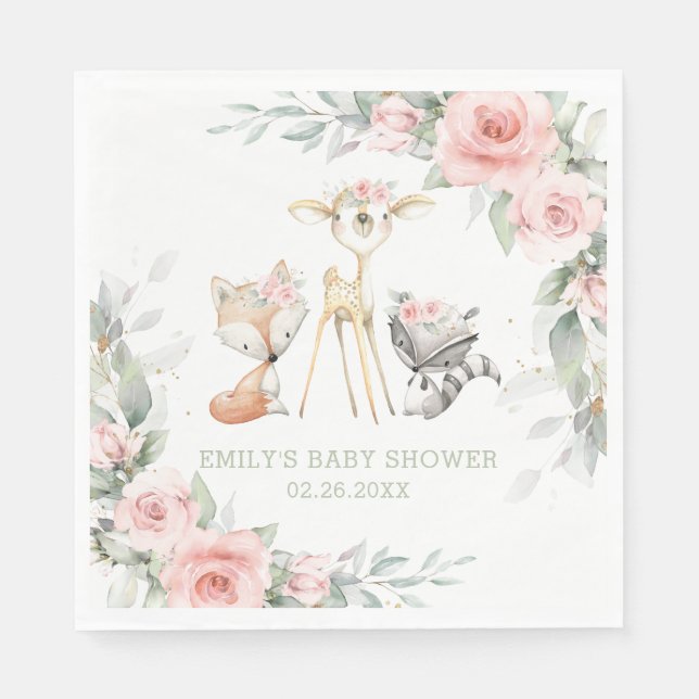 Whimsical Woodland Animals Baby Shower Rosa Blommi Pappersservett (Framsidan)