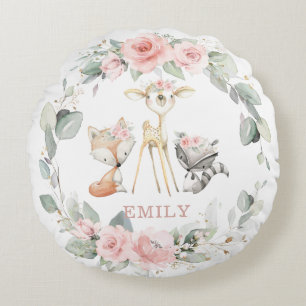 Whimsical Woodland Animals Blommigt Greenery Wande Rund Kudde