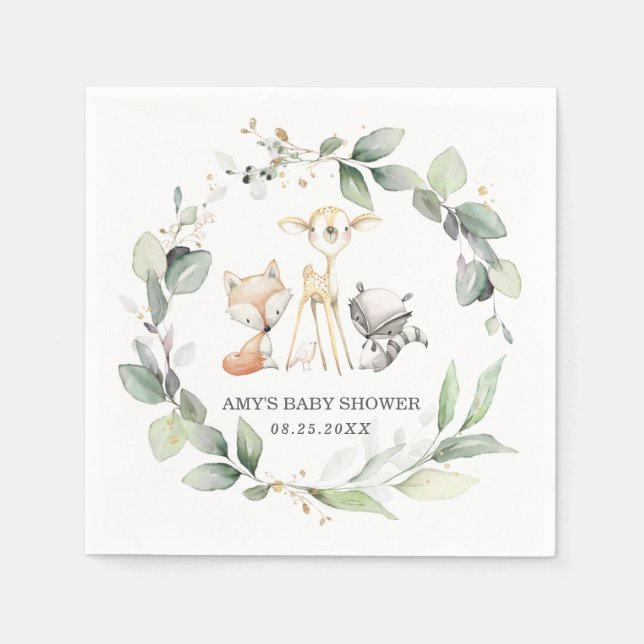 Whimsical Woodland Animals Greenery Baby Shower Pappersservett (Framsidan)