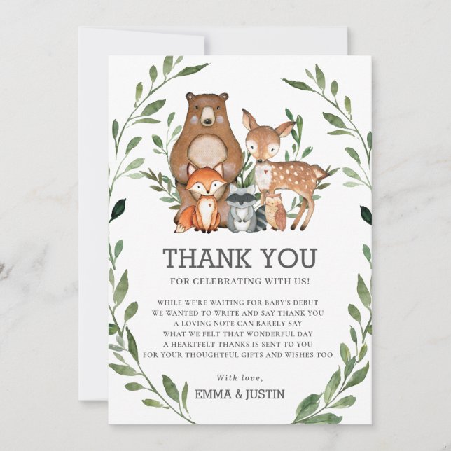 Whimsical Woodland Animals Greenery Baby Shower Tack Kort (Framsida)