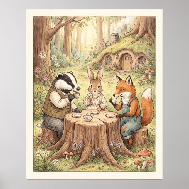 Whimsical Woodland Animals Tea Party Nursery Poster (Framsidan)