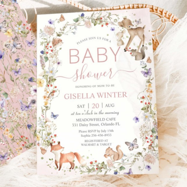 Whimsical Woodland Animals Wildblombabyskor Inbjudningar (Skapare uppladdad)
