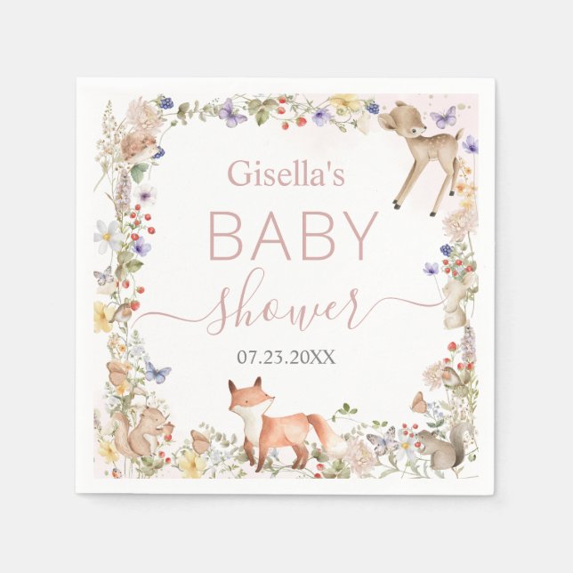 Whimsical Woodland Animals Wildflower Baby Shower  Pappersservett (Framsidan)