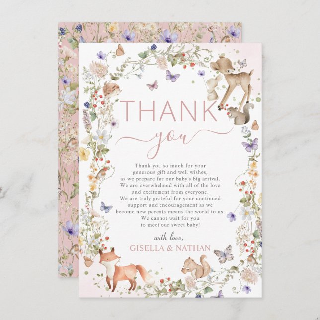 Whimsical Woodland Animals Wildflower Baby Shower Tack Kort (Fram/baksida)