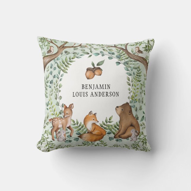 Whimsical Woodland Baby djur Forest Greenery  Kudde (Framsida)