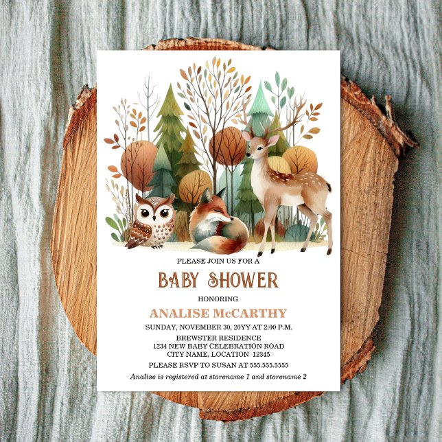 Whimsical Woodland Baby Shower Inbjudningar (Whimsical woodland baby shower invitation front view.)