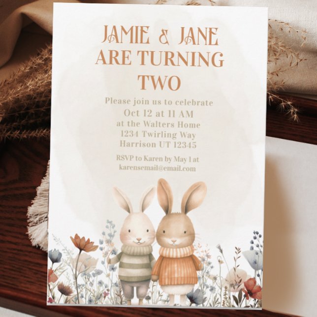 Whimsical Woodland Bunny Twin Dubbla Birthday Inbjudningar (Skapare uppladdad)