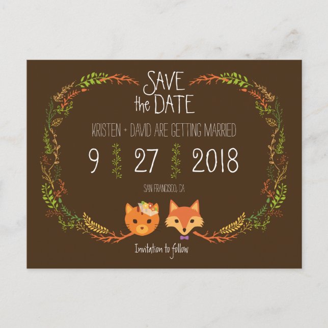 Whimsical Woodland Cat & Fox bröllop Save the Date Meddelande Vykort (Framsida)
