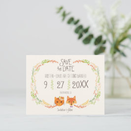 Whimsical Woodland Cat & Fox bröllop Save the Date Meddelande Vykort