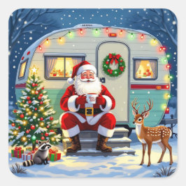 Whimsical Woodland Christmas and Retro RV Camper Fyrkantigt Klistermärke