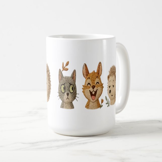 Whimsical Woodland Faces – söta broderade djur Kaffemugg (Framsida höger)