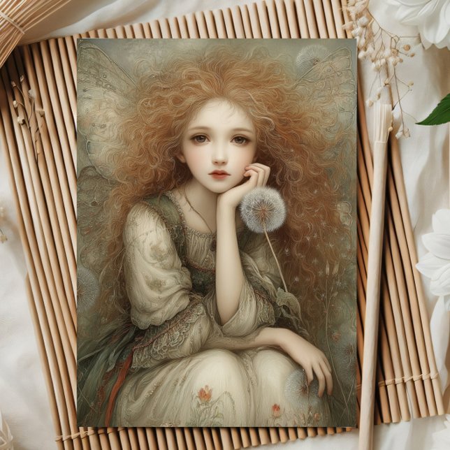 Whimsical Woodland Fairy Portrait with Dandelion  Kort (Skapare uppladdad)