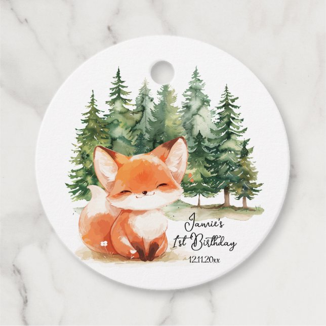 Whimsical Woodland Fox 1:a födelsedag Gåvor Etiketter (Framsida)