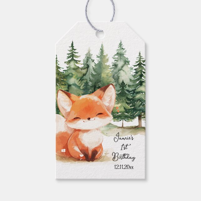 Whimsical Woodland Fox 1:a födelsedag Presentetikett (Framsidan)