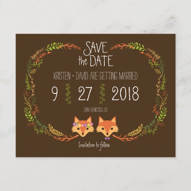 Whimsical Woodland Foxar bröllop Save the Date Spara Datumet (Framsida)