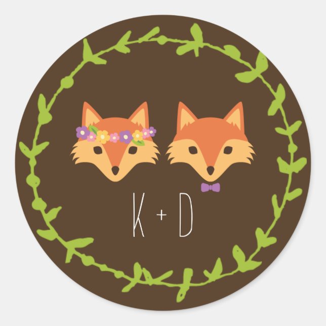 Whimsical Woodland Foxes bröllop Runt Klistermärke (Framsida)