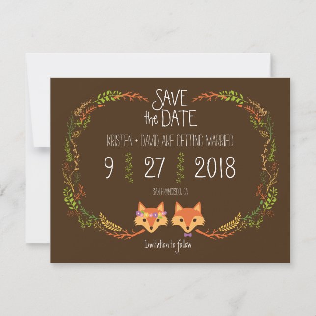 Whimsical Woodland Foxes bröllop Save the Date Spara Datumet (Framsida)