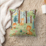 Whimsical Woodland Friends Kudde<br><div class="desc">🦊Add a touch of forest charm to your space with this Whimsical Woodland Friends Throw Pillow. Featuring a delightful scene of playful foxes and a curious cat nestled among stylized trees, flowers, and greenery, this pillow brings nature’s magic indoors. The soft blue sky and vibrant forest elements create a cozy,...</div>