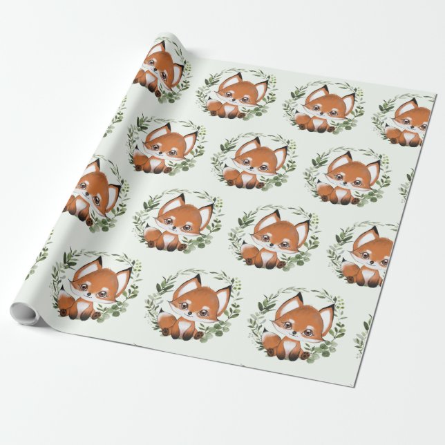 Whimsical Woodland Greenery Baby Fox Presentpapper (Utrullad)