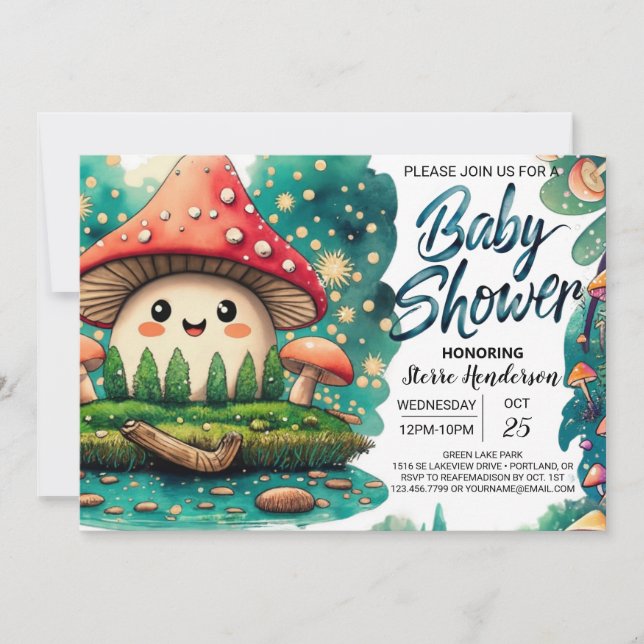 Whimsical Woodland Mushroom Magic Baby Shower Inbjudningar (Framsida)