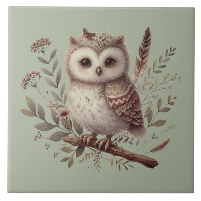 Whimsical Woodland Owl Botanical Illustration Kakelplatta (Framsidan)