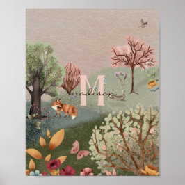 Whimsical Woodland Scene Färgpenna Nursery Poster