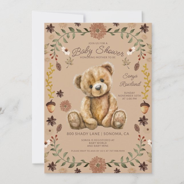 Whimsical Woodland Teddy Bear Baby Shower Inbjudningar (Framsida)