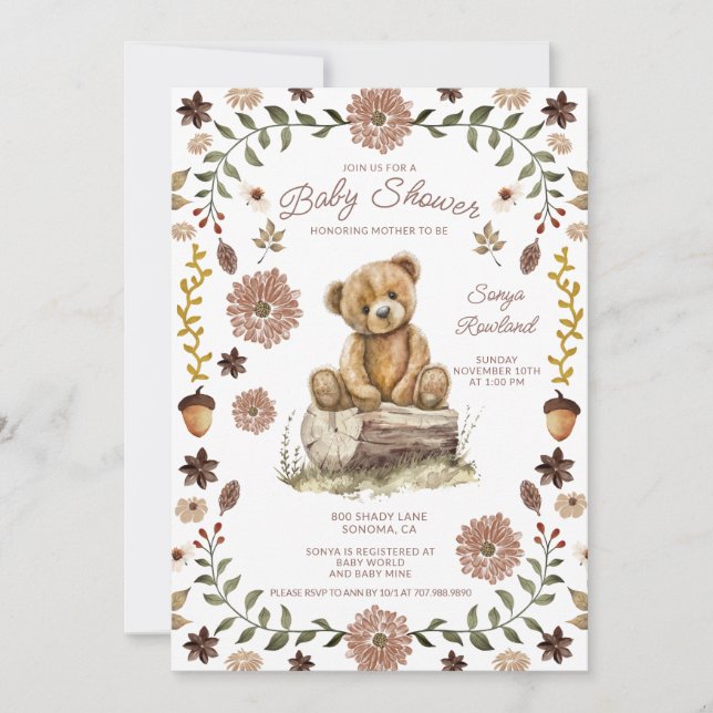 Whimsical Woodland Teddy Bear Baby Shower Inbjudningar (Framsida)