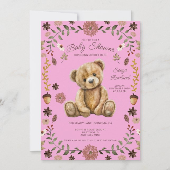 Whimsical Woodland Teddy Bear Pink Baby Shower Inbjudningar (Framsida)