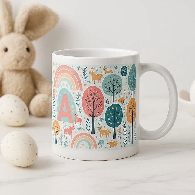 Whimsical Woodland Träd Påsk Vår Regnbåge Konst Jumbo Mugg (Whimsical Woodland Trees Easter Spring Rainbow Art Giant Coffee Mug)