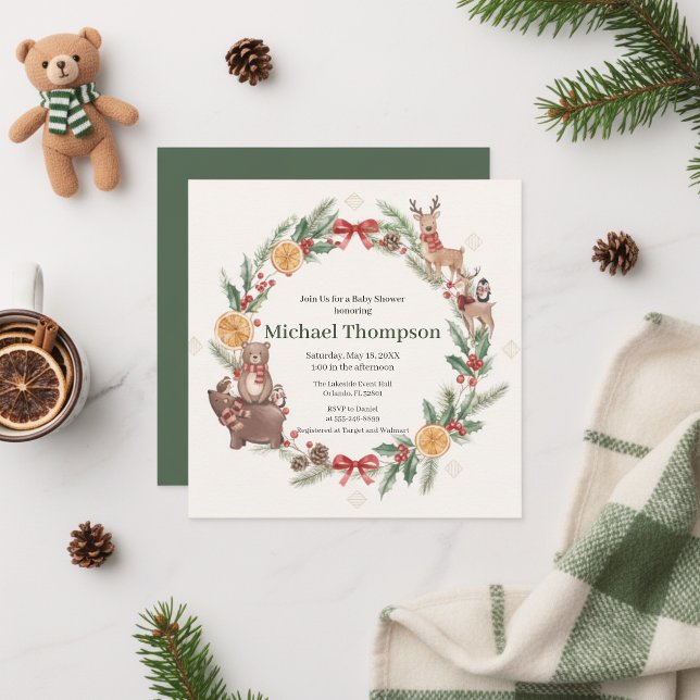 Whimsical Woodland Wreath Baby Shower Invitation Inbjudningar (woodland baby shower)