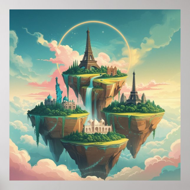 Whimsical World Wonders: Flytande Cityscape Poster (Framsidan)