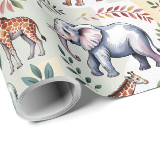 Whimsical wrapping paper featuring elephants, lion presentpapper