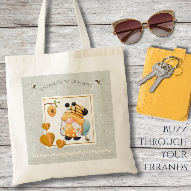 Whimsical Yellow Gnome Honey Bee Market Tote Bag Tygkasse (Get ready to buzz through your errands with this sweet and charming Bee Gnome Tote Bag! )