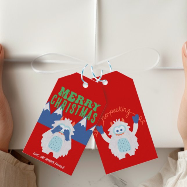 Whimsical Yeti Kids jul - ingen peeking Presentetikett (Skapare uppladdad)