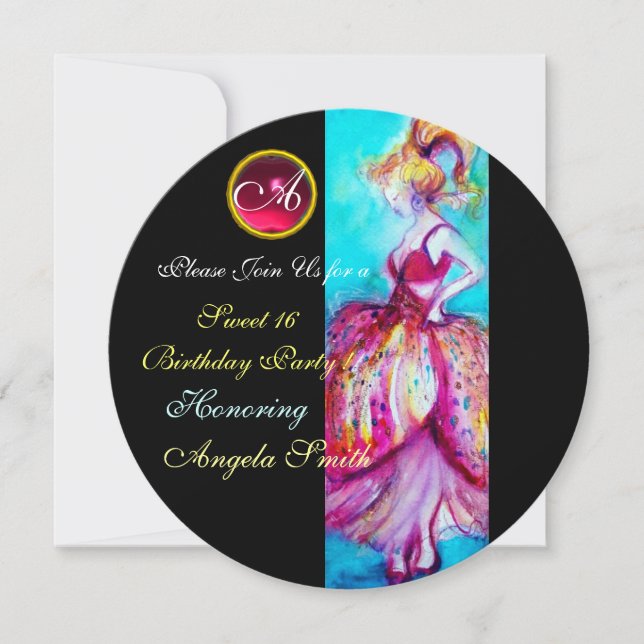 WHIMSICAL YOUNG GIRL SWEET 16 PARTY GEM MONOGRAM INBJUDNINGAR (Framsida)