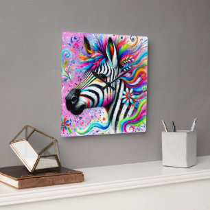 Whimsical Zebra Blommigt Rosa Teal Grönt Daisy Fyrkantig Klocka