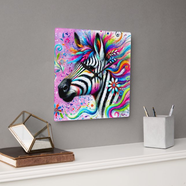 Whimsical Zebra Blommigt Rosa Teal Grönt Daisy Fyrkantig Klocka (Kontor)