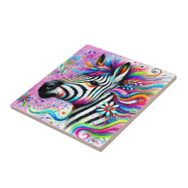 Whimsical Zebra Blommigt Rosa Teal Grönt Daisy Kakelplatta