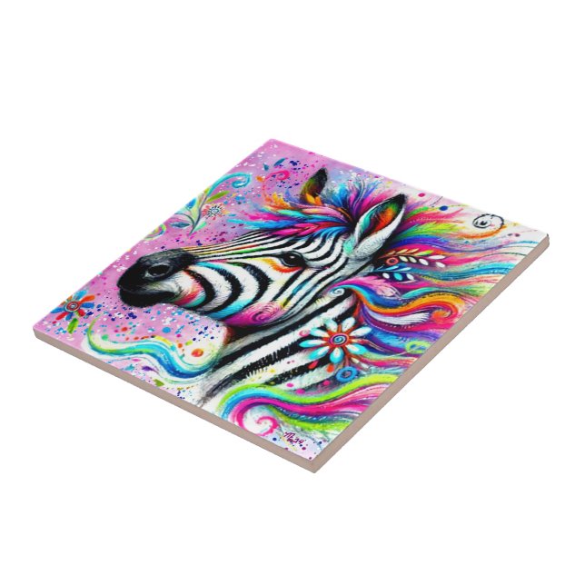 Whimsical Zebra Blommigt Rosa Teal Grönt Daisy Kakelplatta (Sidan)