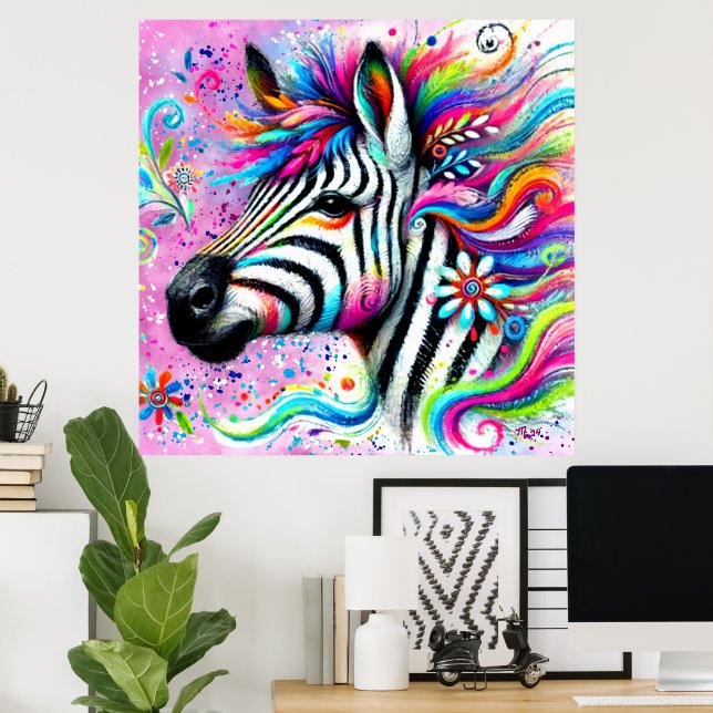 Whimsical Zebra Blommigt Rosa Teal Grönt Daisy Poster (Hemmakontoret)