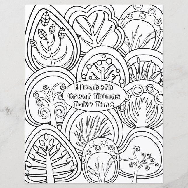 Whimsical Zen Doodle Träd Quote Namn Coloring (Framsida)