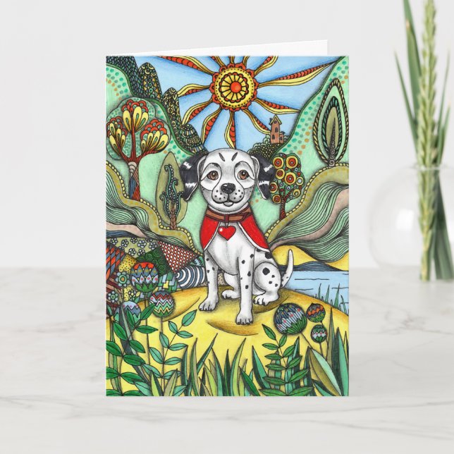 Whimsical Zentangle Fläckig Hund och Sol Konst Häl Kort (Framsida)