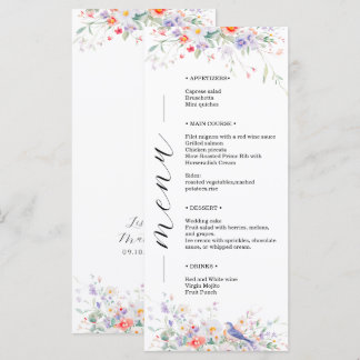 Whimsicala blommor & Blå Fåglar Vattenfärg Bröllop Meny