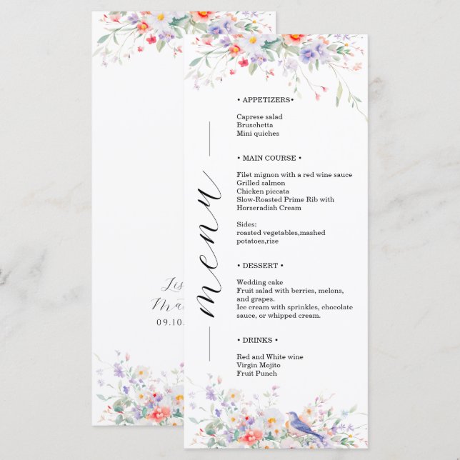 Whimsicala blommor & Blå Fåglar Vattenfärg Bröllop Meny (Fram/baksida)