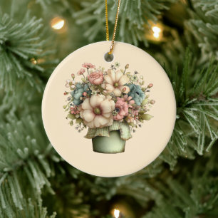 Whimsicala blommor i en kruka Söt Julgransprydnad Keramik