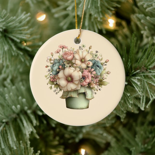 Whimsicala blommor i en kruka Söt Julgransprydnad Keramik (Träd)