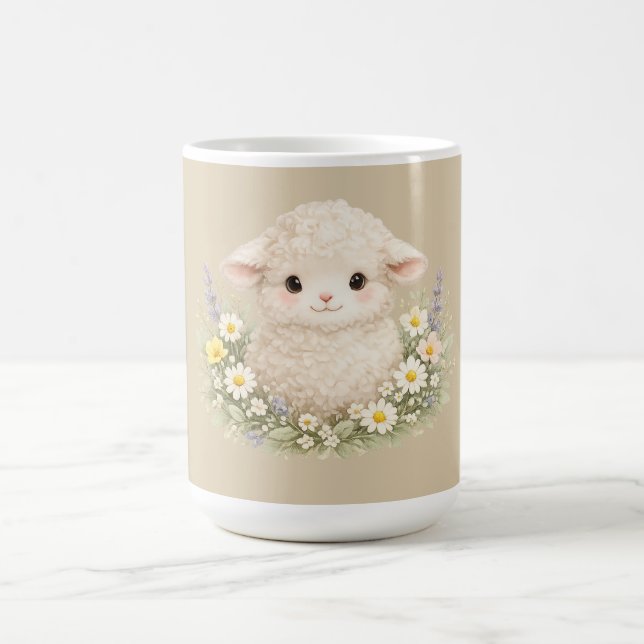 Whimsicala får och vilda blommor för en charmig kaffemugg (Center)