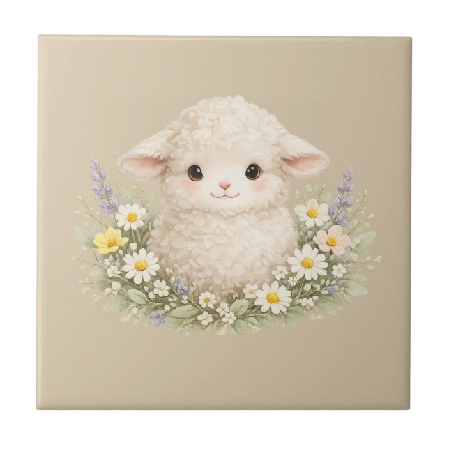 Whimsicala får och vilda blommor för en charmig kakelplatta (Framsidan)